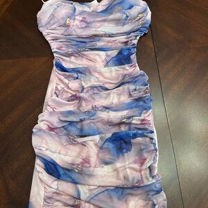 NWT Forever 21 Privy Watercolors Metallic Marble Swirl Ruched Mesh Dress